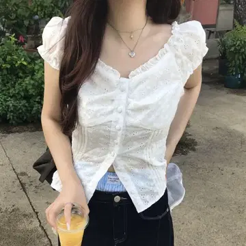 프릴 트리밍 버튼업 퍼프 슬리브 블라우스