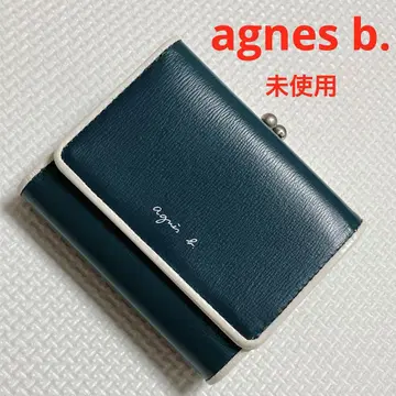 미사용 agnes b. 가죽 3단 폴더형 지갑 가마구치 그린 x 화이트