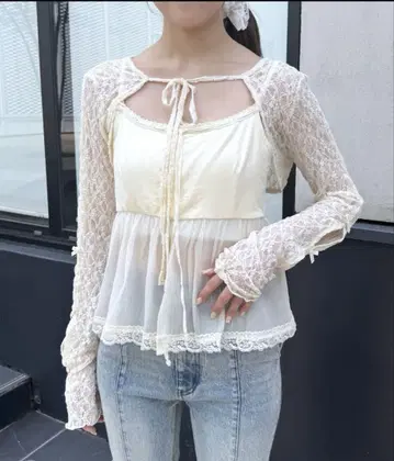 mline 시어 뷔스티에 크롭 리본 블라우스 레이스 아이보리