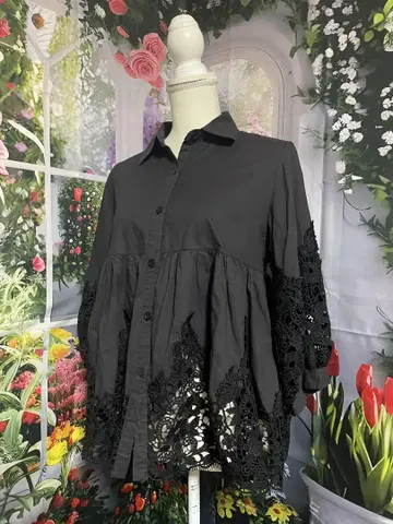 DOME 블랙 레이스 장식 긴팔 셔츠 블라우스 프리