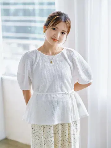 스트레치 레이스 벌룬 슬리브 상의