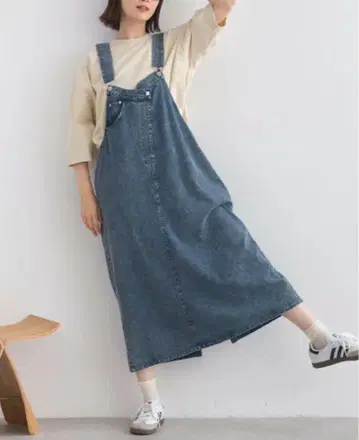 Lupilien 케미컬 데님 멜빵 스커트 점프 스커트 네이비