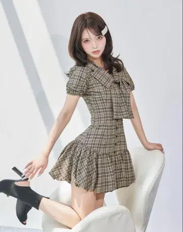 Darich 빅 리본 벌룬 체크 미니 원피스