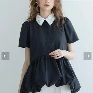 도노반 하프 슬리브 플라워 비쥬 블라우스 네이비