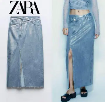 ZARA L 사이즈 메탈릭 비대칭 데님 스커트 슬릿 실버