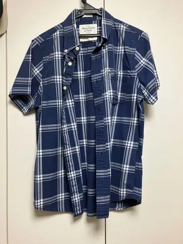 남성용 Abercrombie & Fitch 반팔 셔츠 L 네이비 체크