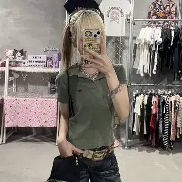 Roxy 피케 반팔 셔츠 로고 카키 초귀엽 크롭