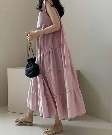 LAFFMO 티어드 개더 롱 원피스 핑크 프리 사이즈