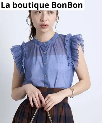 La boutique BonBon 데님 라이크 네트 튤 프릴 블라우스