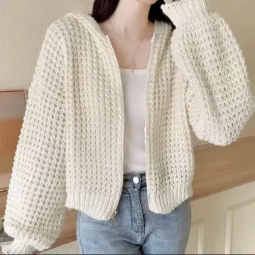 후드 부착 짜임 가디건 아이보리