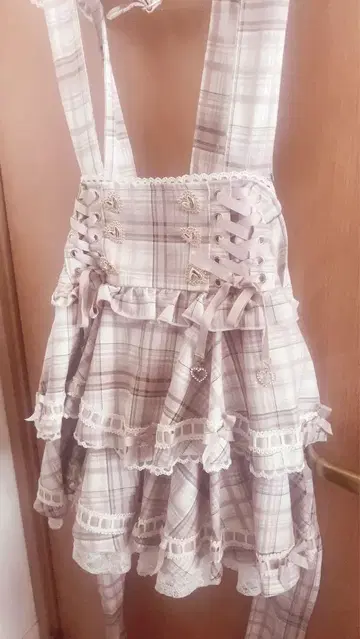 LIZLISA 사다리 리본 체크 티어드 치마바지 핑크