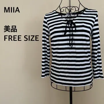 [새상품급] MIIA/보더 긴팔/롱T/레이스/리본/V넥/화이트 블랙