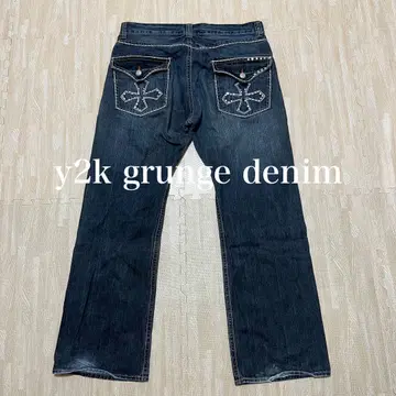 레어 00s y2k 그런지 크로스 와이드 데님 스톤 데님 헤이세이
