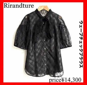 Rirandture 리랜드 튜 웨이브 체크 블라우스 반팔 블랙