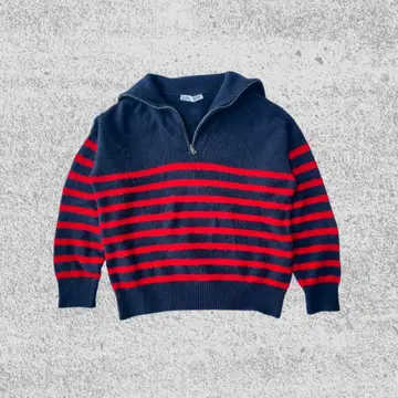 ZARA 하프 지퍼 니트 보더 스웨터 M 네이비 x 레드