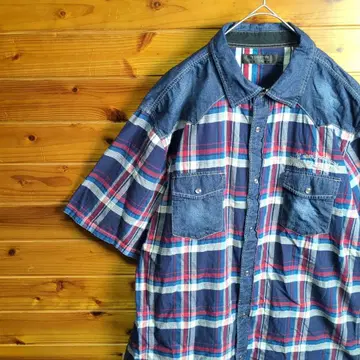 데님 셔츠 바지 반팔 셔츠 5L 4XL 체크 무늬 빨간색 파랑 화이트