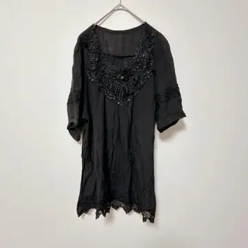 [ F ] 블라우스/자수 레이스 비쥬 5부 소매 튜닉 기장 면 캐주얼