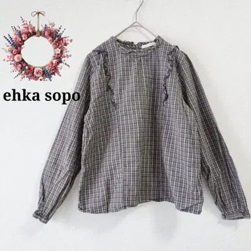 에헤카소포 체크 무늬 프릴 블라우스 내추럴 걸리시 코튼 F