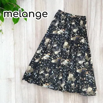 melange 올 패턴 롱 플레어 스커트 스플래쉬 프린트 개성적인 블랙