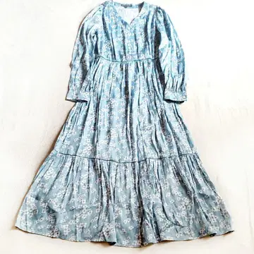 LAURA ASHLEY 꽃무늬 롱 원피스 긴팔 38 스카이블루 드레이프감