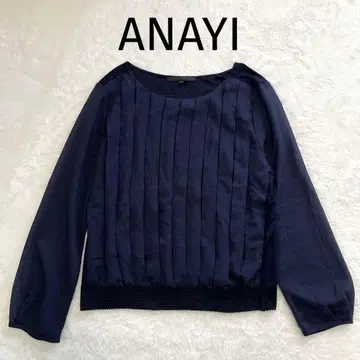 ANAYI 아나이 네이비 플리츠 긴팔 블라우스 깅엄 체크 시어 슬리브