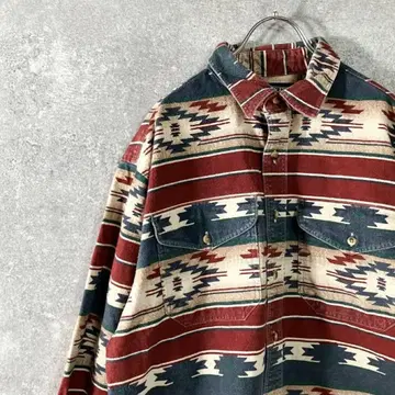 LANDS' END 코튼 셔츠 긴팔 인디언 올 패턴 레귤러 칼라