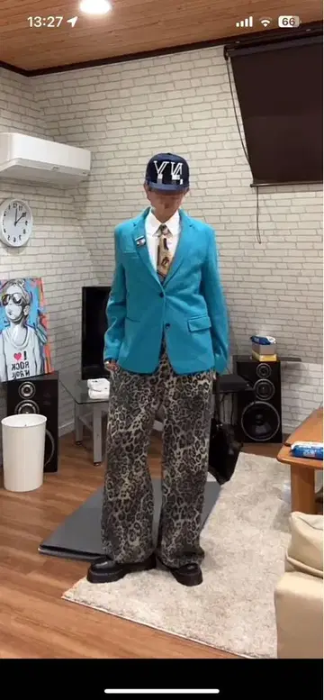 레오파드 무늬 배기 데님 해외 패션