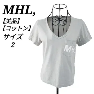 MHL 새상품급 V넥 반팔 티셔츠 브랜드 로고 가슴 포켓 부착 그레이