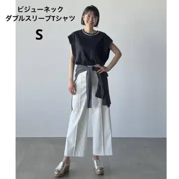플라스테 비쥬 넥 더블 슬리브 T셔츠 블랙 S