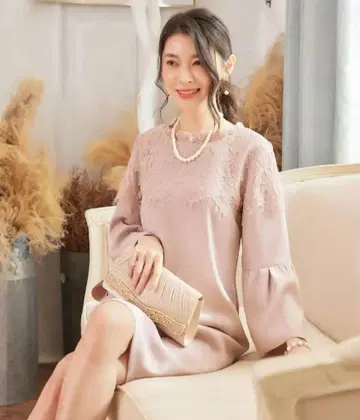 외출용 레이스 장식 핑크 베이지 무릎 기장 원피스 포멀