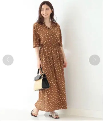 브라운 도트 무늬 반팔 셔츠 원피스