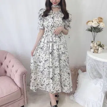 evelyn 초커 롱 원피스 꽃무늬