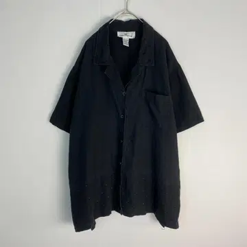 빈티지 반팔 셔츠 오픈 카라 드레이프감 도트 린넨 레이온