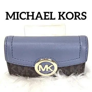 마이클 코스 키 케이스 블루 가죽 골드 로고 MK 6연