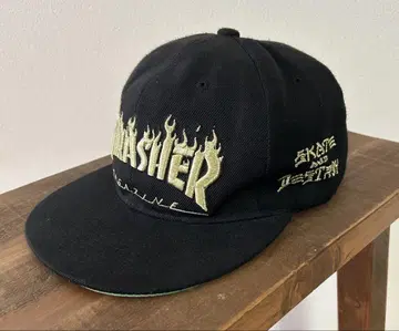 THRASHER 파이어 패턴 캡 블랙 트러커 스트릿 골드 컬러