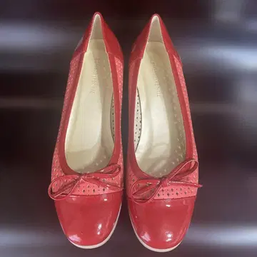 레드 에나멜 리본 통굽 플랫슈즈