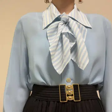 스카이블루 스트라이프 보타이 비침 레트로 블라우스 루즈핏 빅 사이즈