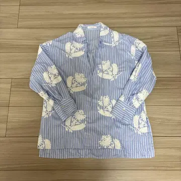 macphee 코튼 스트라이프 플라워 오픈 카라 블라우스