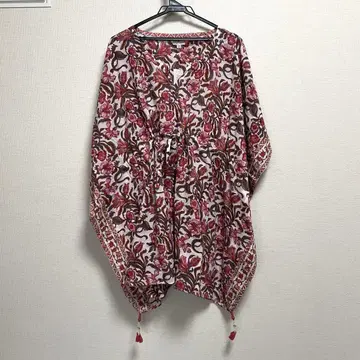 택 포함 새상품 ANOKHI 아노키 카프탄 드레스 인도 면 블록 프린트