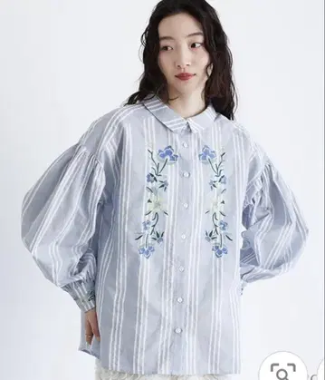 블라우스 상의 긴팔 꽃무늬 플라워 플레어 스트라이프 패턴 자수