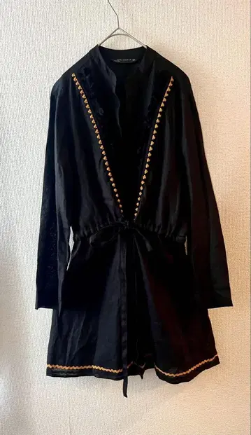 ZARA WOMAN 린넨 긴팔 튜닉 블라우스 프린지 블랙