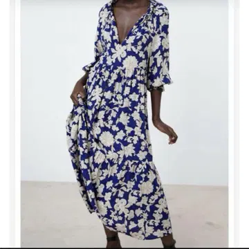 ZARA 자라 꽃무늬 블루 계열 롱 원피스 파랑 M V넥 프린트