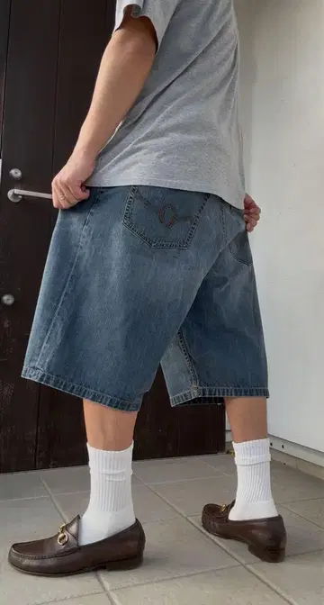 ROCA WEAR 데님 하프 팬츠 초와이드 B계 힙합 자수 W40