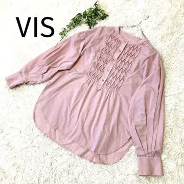 [새상품급] VIS 프론트 프릴 블라우스 핀턱 디자인 긴팔 핑크 셔츠