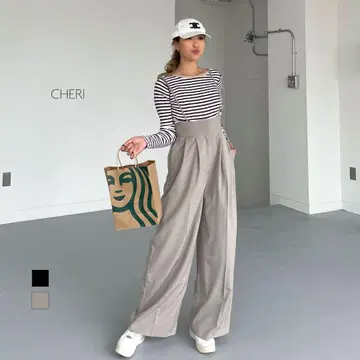 cheri F3386 크레이프 턱 와이드 멜빵바지