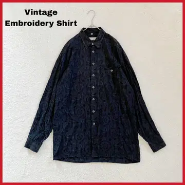 vintage 레이온 혼방 올 패턴 자수 꽃무늬 셔츠 M 블랙