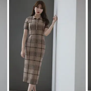 당일 발송 Gold-Buttoned Plaid Knit Dress