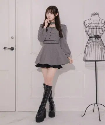 pium 초커 깅엄 셋업 화이트 깅엄 바지 없음