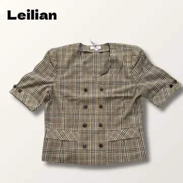 Leilian 체크 무늬 노카라 반팔 티셔츠 여성용 L