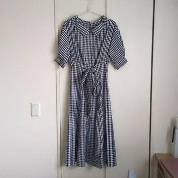 새상품급 리랜드트루 깅엄 체크 반팔 원피스 허리 리본